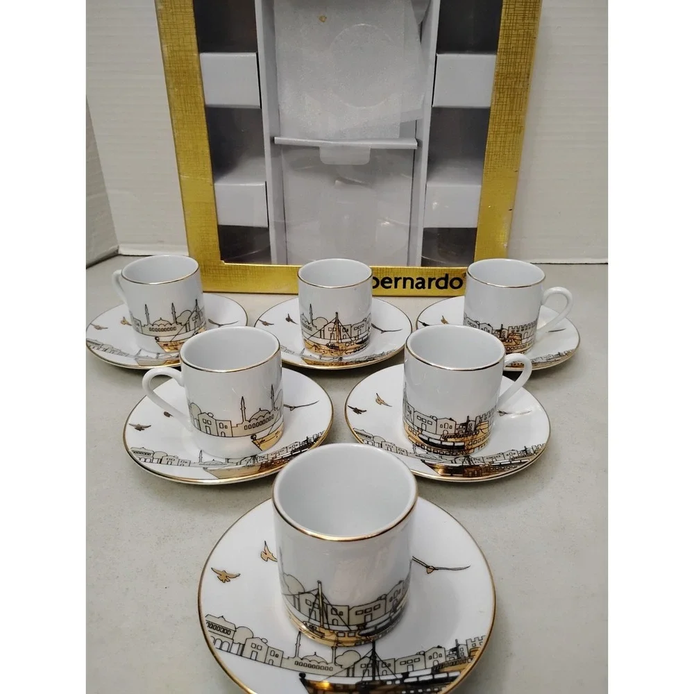 Bernardo Fine Porcelain Turkish Coffee 6 Cups 6 Saucers Skyline Birds Gold Tea